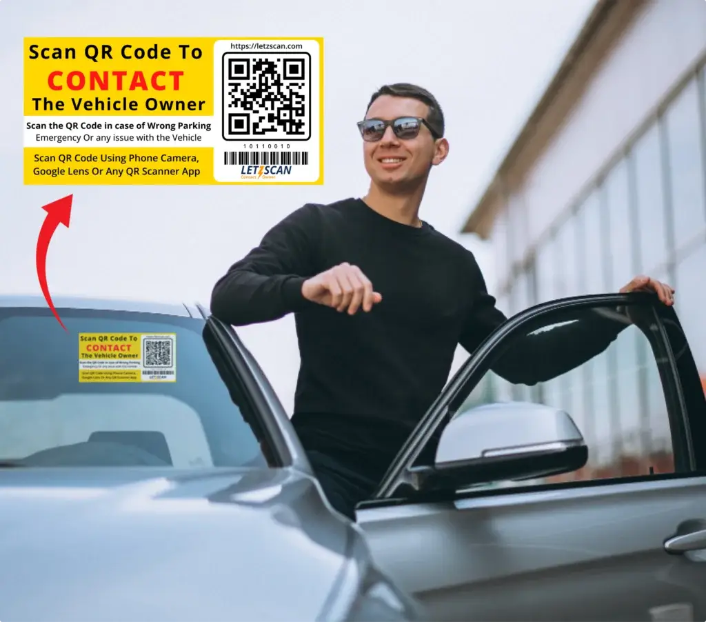 Man standing beside car with LetzScan QR code sticker used to contact the vehicle owner in parking or emergency situations