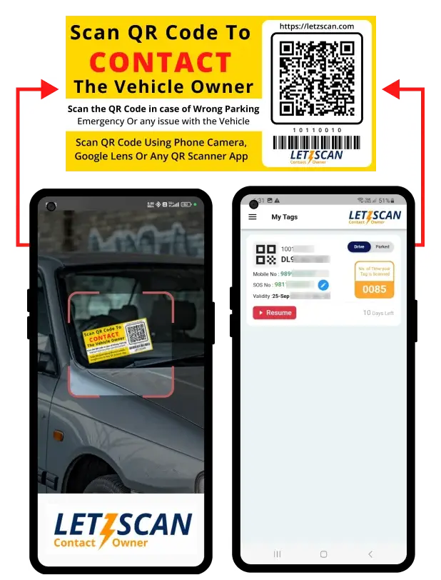 LetzScan vehicle QR code sticker displayed on car windshield to contact the vehicle owner during wrong parking or emergencies